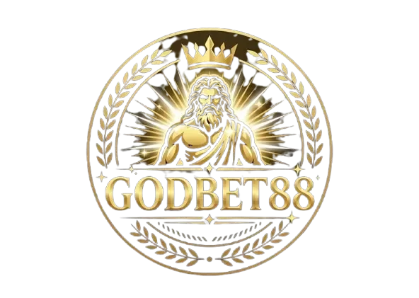 โลโก้ GODBET88 เหรียญกลมขอบวงแหวนสีทองบาง ด้านในเป็นช่อใบลอเรลสีทองโอบอยู่สองข้าง ตรงกลางเป็นรูปเทพเจ้าหนวดเคราสวมมงกุฎสีทองยืนอยู่หน้าแสงทองที่แผ่ออกเป็นรัศมี และครึ่งล่างของเหรียญเป็นตัวอักษร GODBET88 สีทองเมทัลลิกแบบมีเชิง